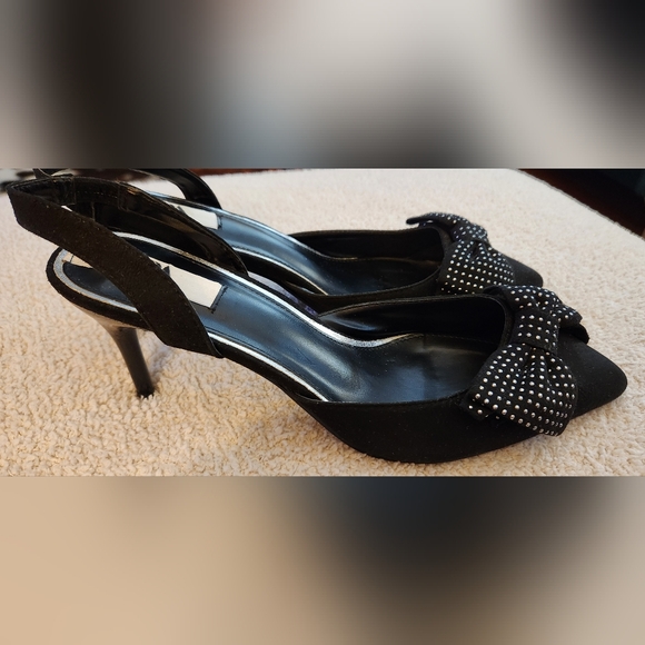 ZARA Women's Studded Bow Slingback Heels, Black, size 40/9.5, Suede - Picture 2 of 3